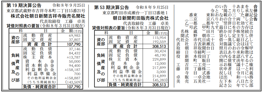 朝日新聞販売2社の決算公告