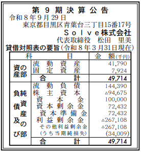 Solve株式会社 第9期決算公告