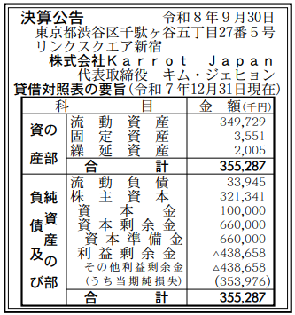株式会社Karrot Japan 決算公告