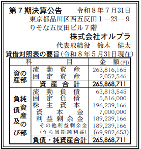 株式会社オルプラ 第7期決算公告