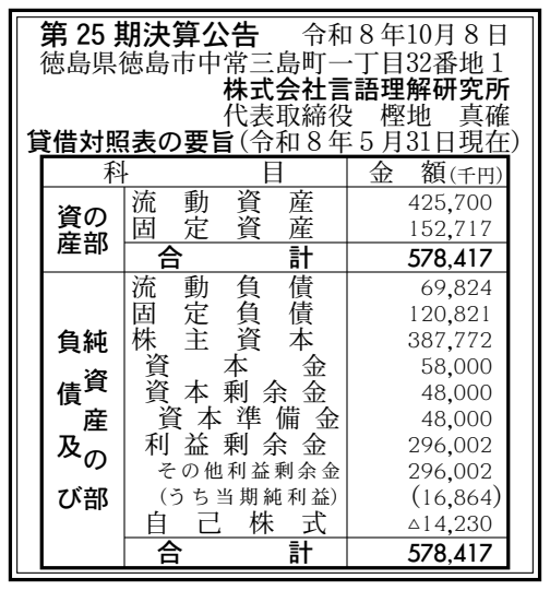 株式会社言語理解研究所 第25期決算公告（2026年5月期）の公告