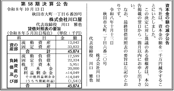 株式会社川口屋 第58期 決算公告原本