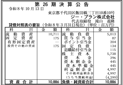 ジー・プラン株式会社 第26期 決算公告原本