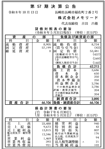 株式会社メモリード 第57期 決算公告原本