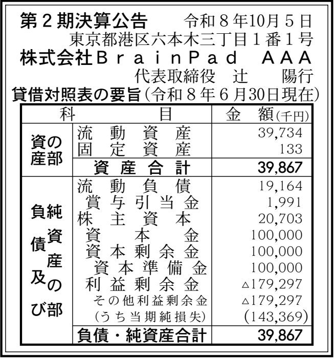 株式会社BrainPad AAA 第2期決算公告