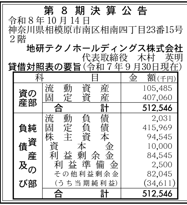 地研テクノホールディングス株式会社 第8期 決算公告 官報原本