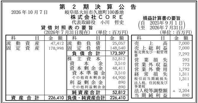 株式会社CORE 第2期決算公告（2026年7月期）の公告