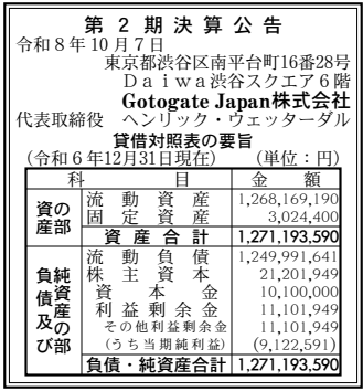 Gotogate Japan株式会社 第2期決算公告(2024年12月期)の公告