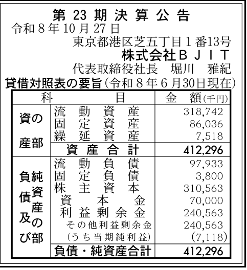 株式会社BJIT 第23期 決算公告(2026年6月期) 官報原本の公告画像