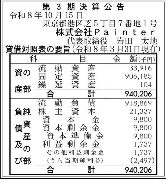 株式会社Painter 第3期 決算公告 官報原本
