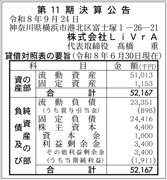 株式会社LiVrA 第11期 決算公告 官報原本