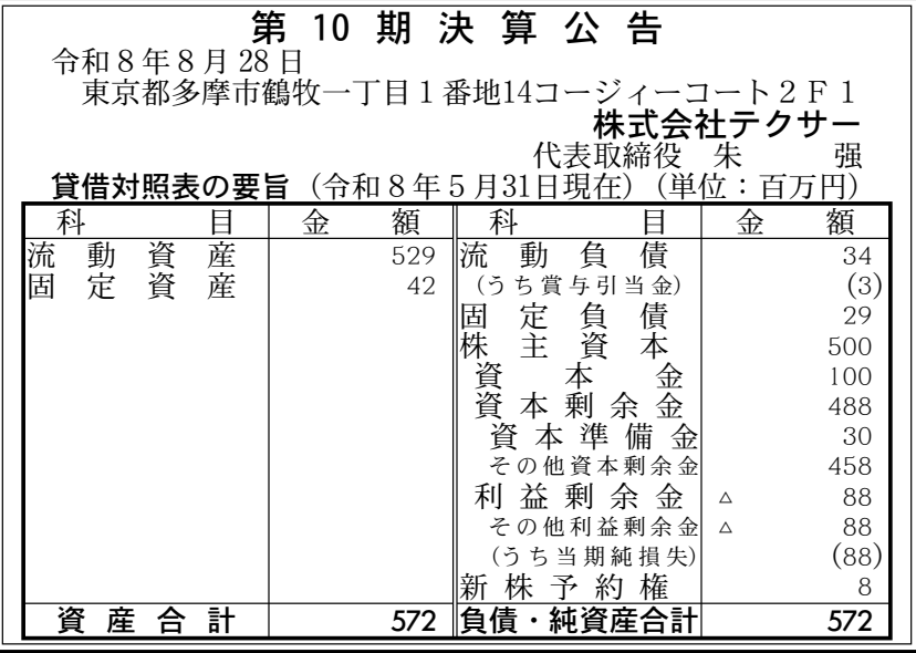 株式会社テクサー 第10期 決算公告 官報原本