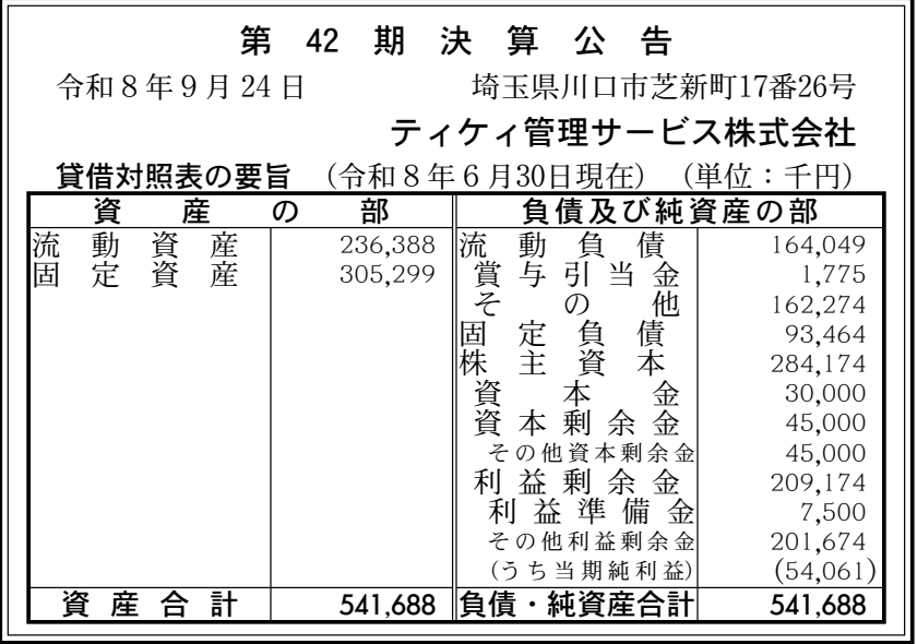 ティケィ管理サービス株式会社 第42期 決算公告 官報原本