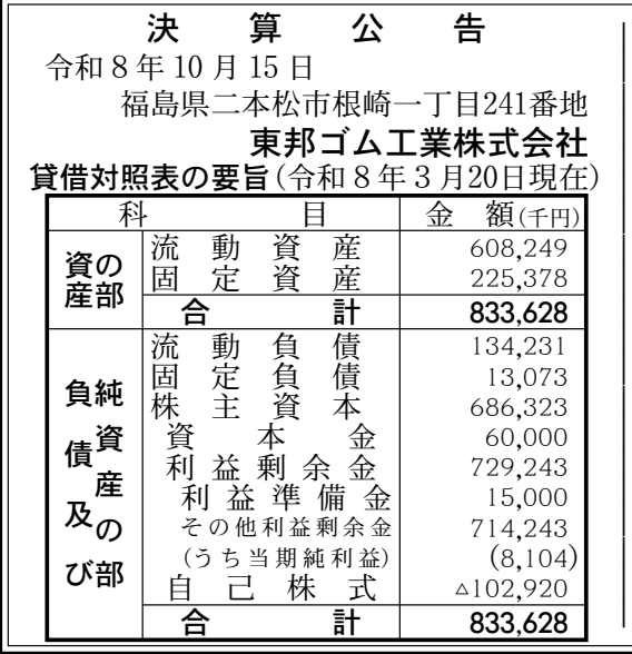 東邦ゴム工業株式会社 期数記載なし 決算公告 官報原本