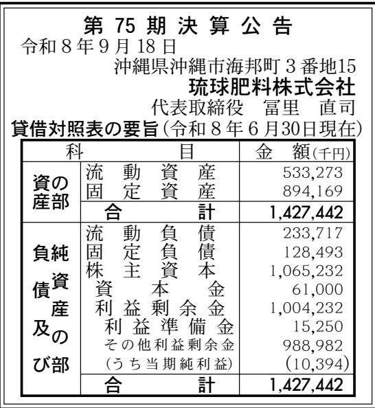 琉球肥料株式会社 第75期 決算公告 官報原本