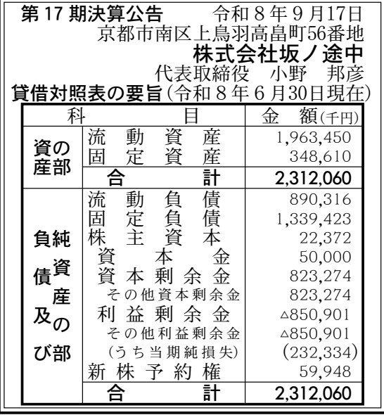 株式会社坂ノ途中 第17期 決算公告 官報原本