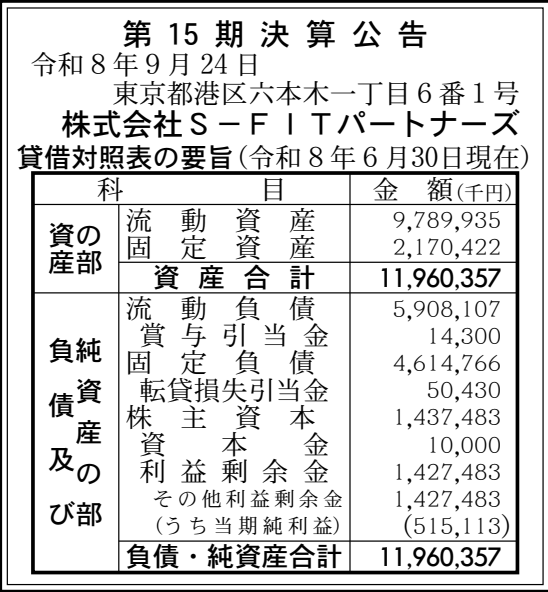 株式会社S-FITパートナーズ 第15期 決算公告 官報原本