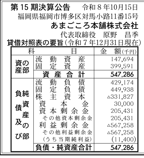 あまごころ本舗株式会社 第15期 決算公告 官報原本
