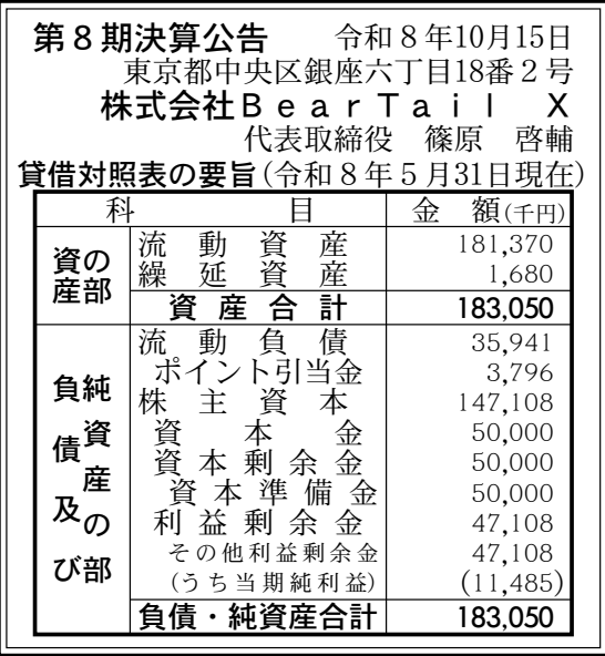 株式会社BearTail X 第8期 決算公告 官報原本