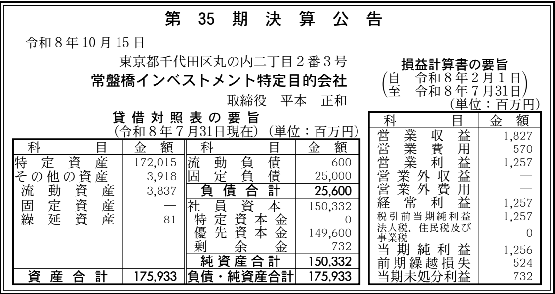 常盤橋インベストメント特定目的会社 第35期 決算公告 官報原本