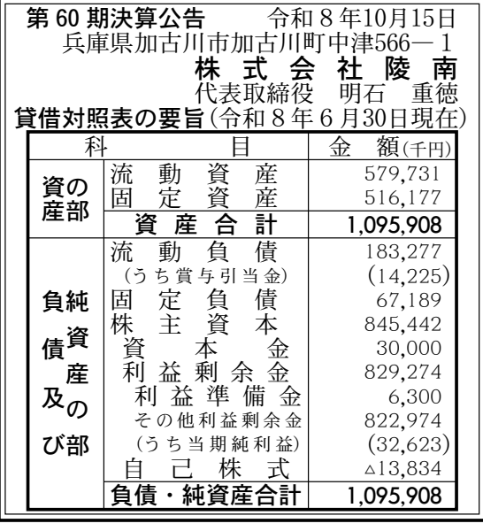 株式会社陵南 第60期 決算公告 官報原本