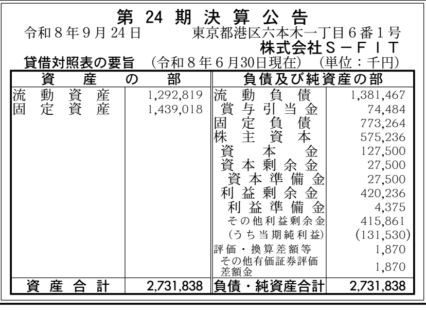 株式会社S-FIT 第24期 決算公告 官報原本