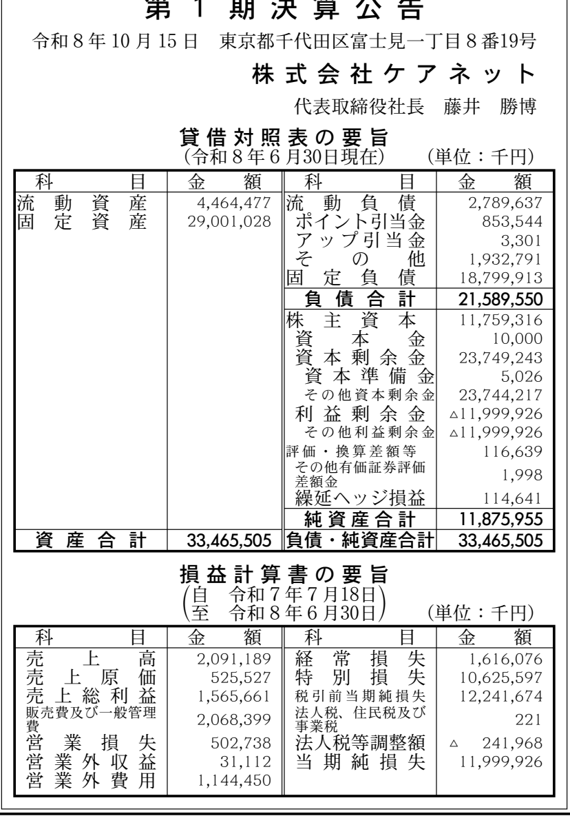 株式会社ケアネット 第1期 決算公告 官報原本