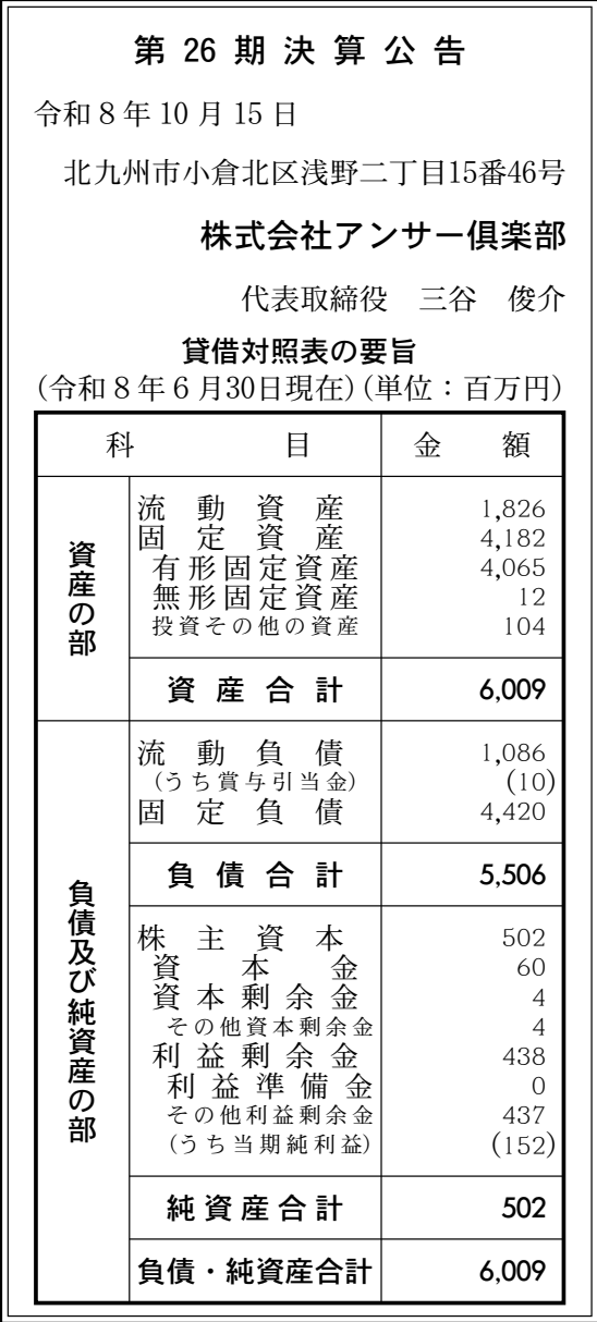 株式会社アンサー倶楽部 第26期 決算公告 官報原本