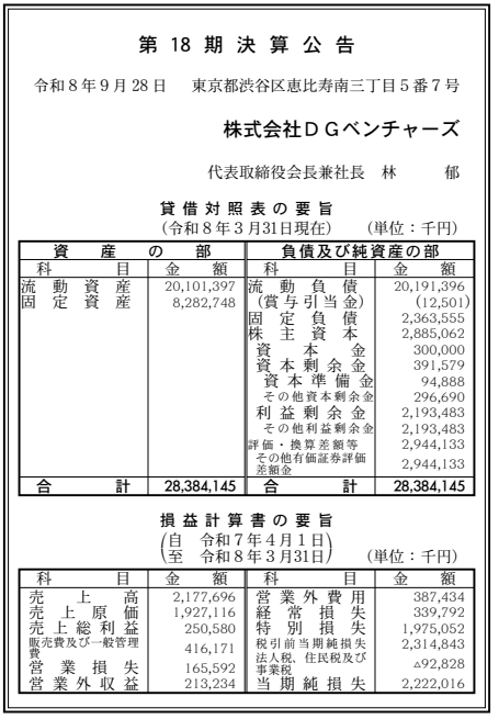 株式会社DGベンチャーズ 決算公告 官報