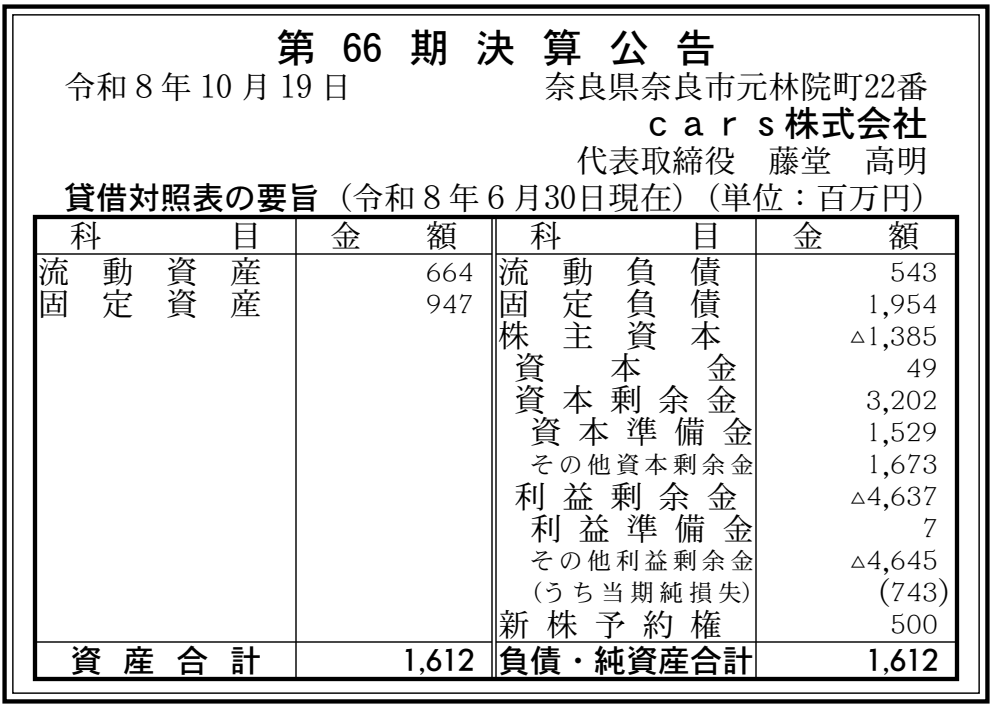 cars株式会社 第66期 決算公告(決算日:2026-06-30、官報2026年10月19日 号外第229号 55頁)