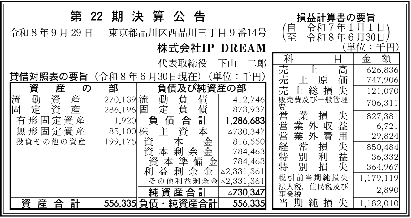 株式会社IP DREAM 第22期 決算公告(決算日:2026-06-30、官報2026年10月19日 号外第229号 59頁)
