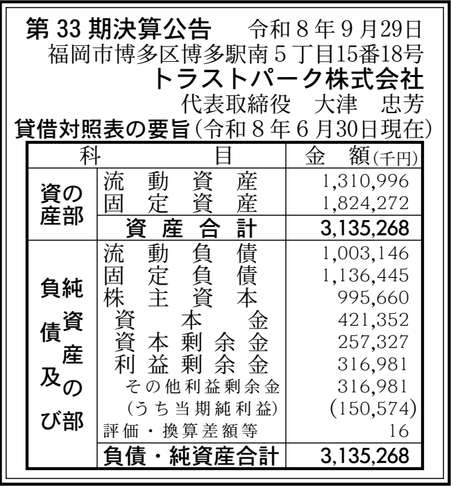 トラストパーク株式会社 第33期 決算公告 官報2026年10月20日 号外第230号 77頁