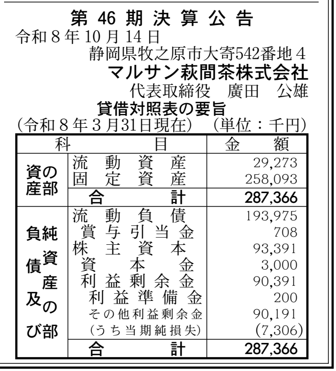 マルサン萩間茶株式会社 第46期 決算公告 官報原本