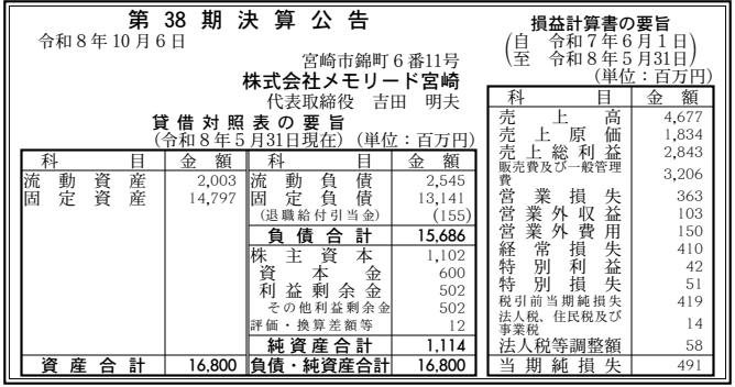 株式会社メモリード宮崎 第38期決算公告（2026年5月期）の公告