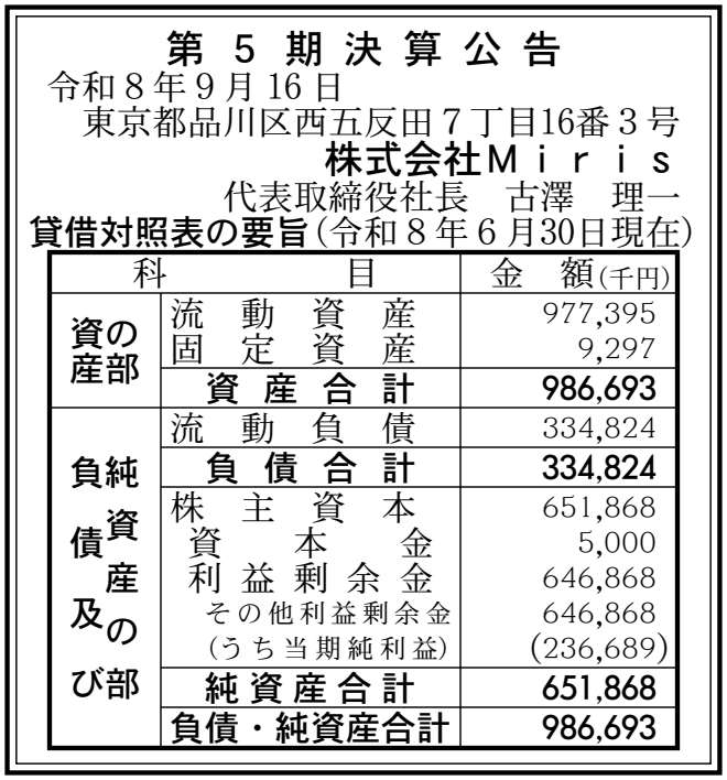 株式会社Miris 第5期 決算公告 官報原本