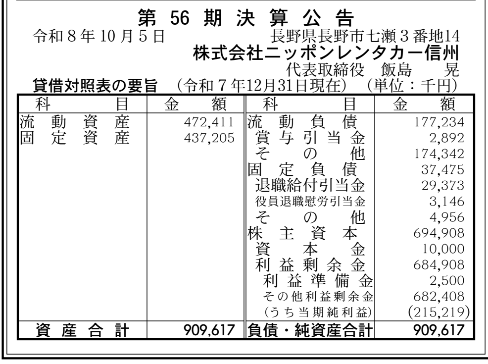 株式会社ニッポンレンタカー信州 第56期決算公告