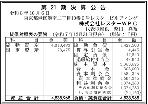株式会社レスターWPG 第21期決算公告（2025年12月期）の公告