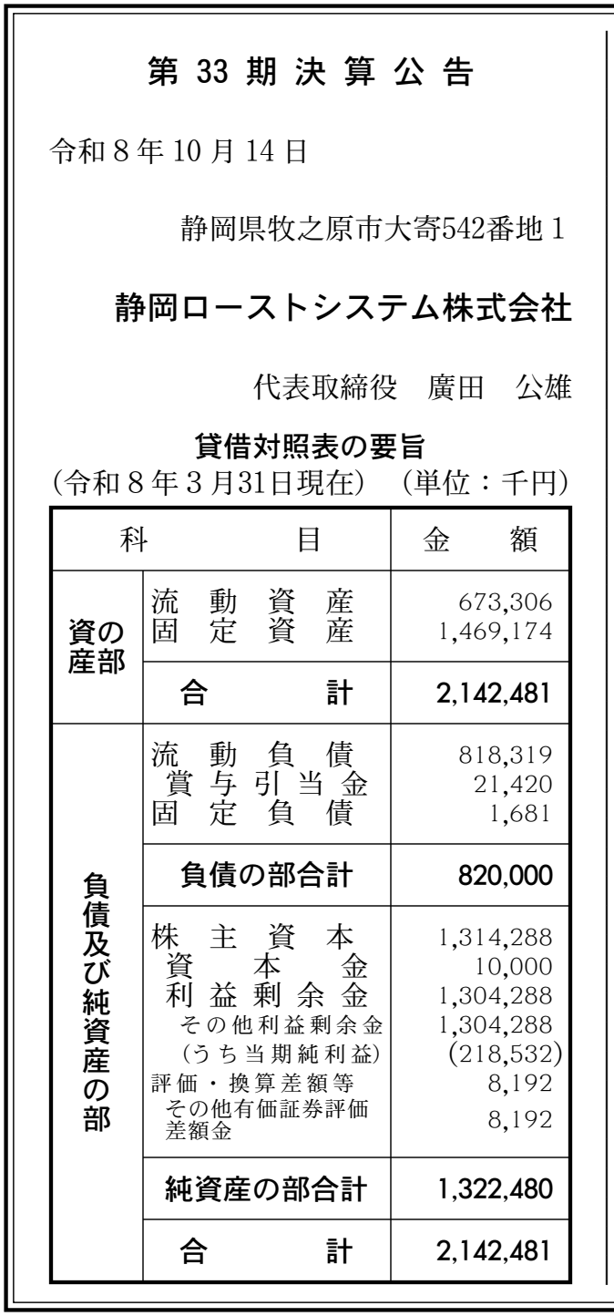 静岡ローストシステム株式会社 第33期 決算公告 官報原本