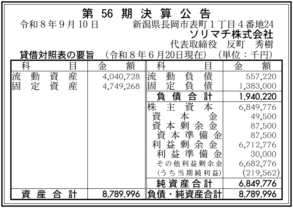 ソリマチ株式会社 第56期 決算公告 官報原本