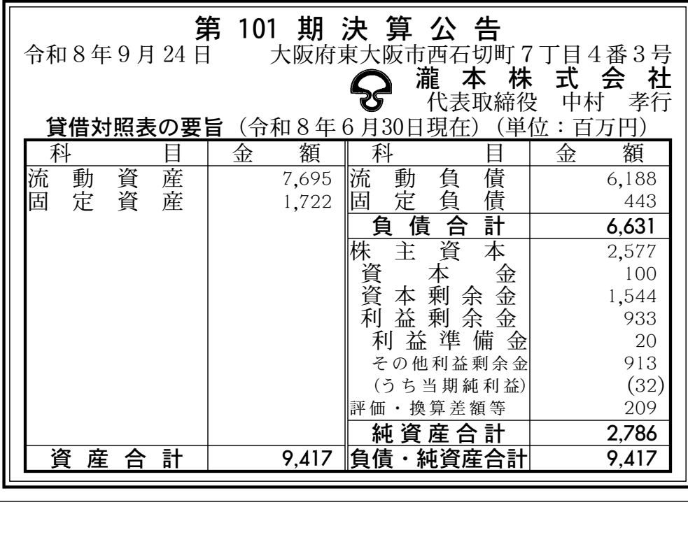 瀧本株式会社 第101期決算公告