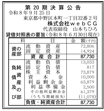 株式会社webCG 第20期決算公告（2026年6月30日現在）の原本