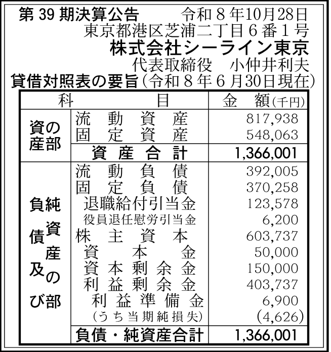 株式会社シーライン東京 第39期。2026-06-30現在の決算公告。
